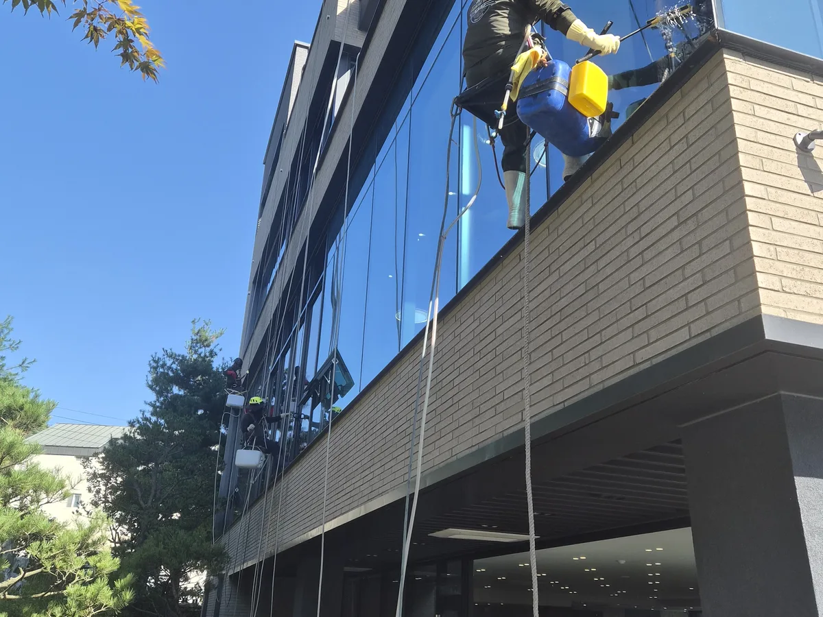 검단구 당하동 오피스빌딩 로프·안전장비 외벽면 위생청소 사례 - 행진크린